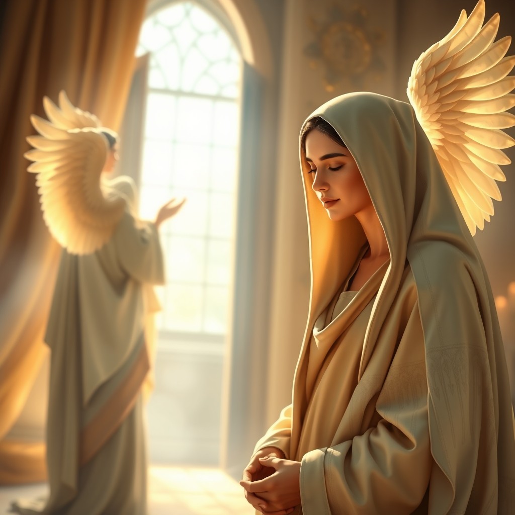 A serene and divine scene depicting Mary, the mother of Jesus, with a gentle and peaceful expression as she receives the news of her pregnancy from the angel Gabriel
