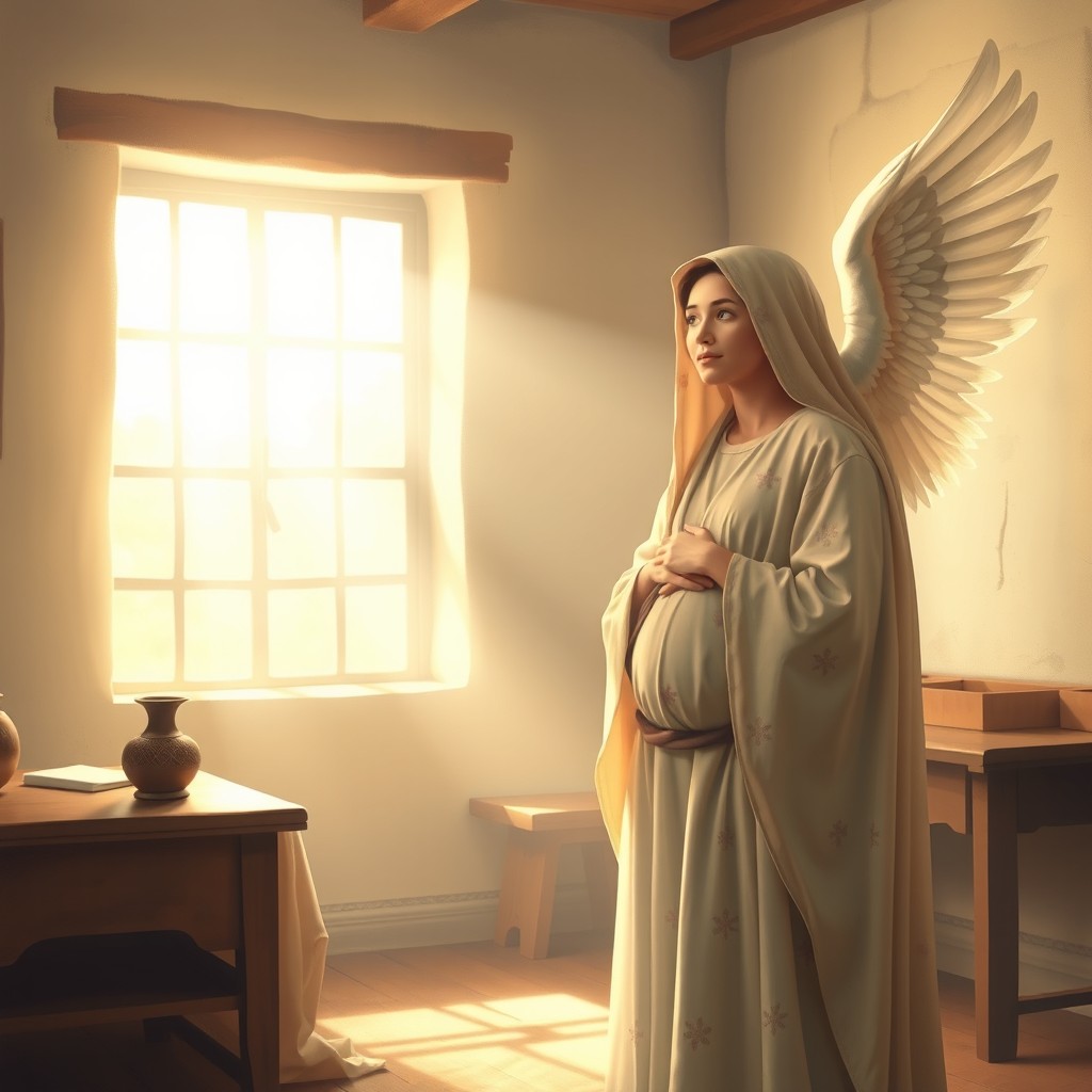 A serene and ethereal depiction of the angel Gabriel delivering the news to Mary, the mother of Jesus, about her miraculous pregnancy