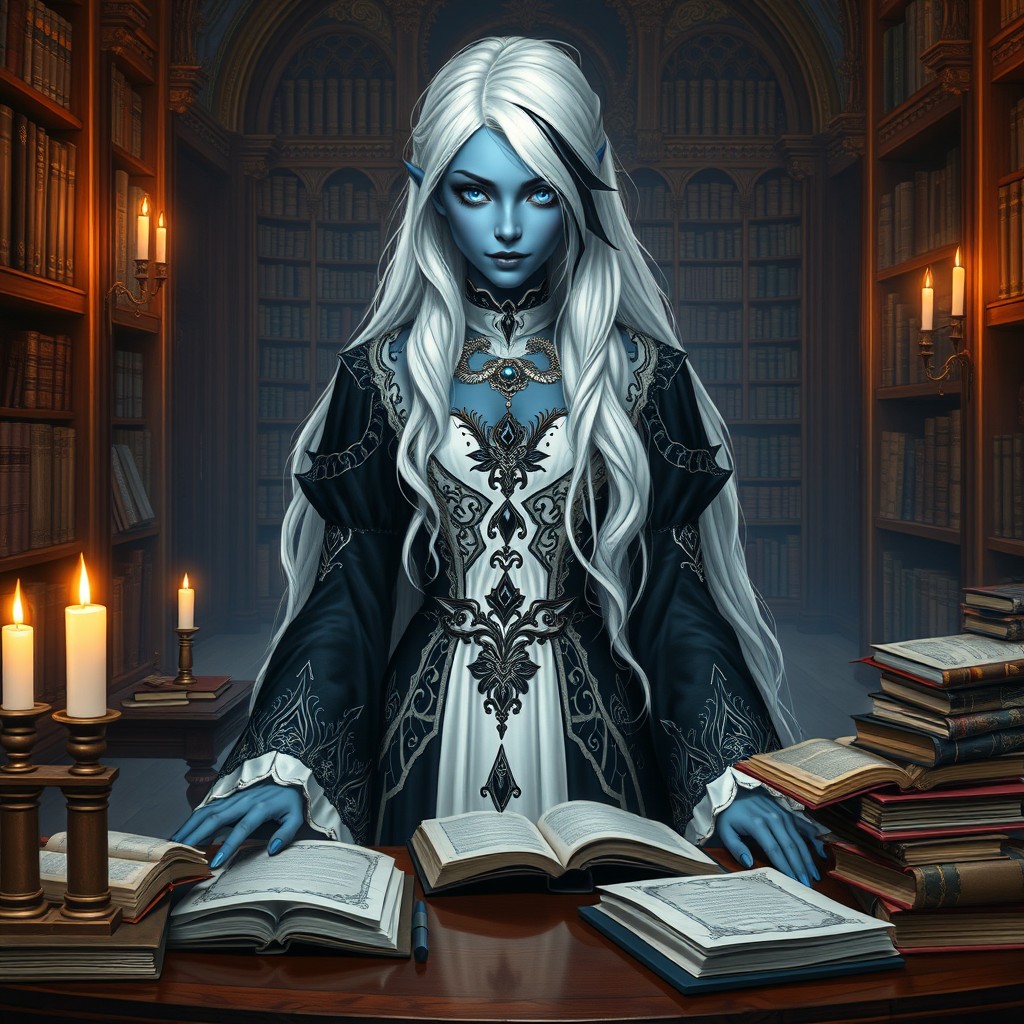 A noble Drow female scholar, showcasing her striking blue eyes and long white hair cascading down her back, accented by a single bold black stripe