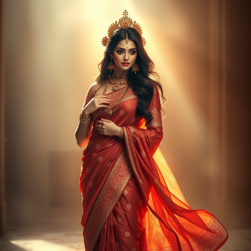 A mesmerizing goddess draped in a luxurious saree, exuding an aura of elegance and allure