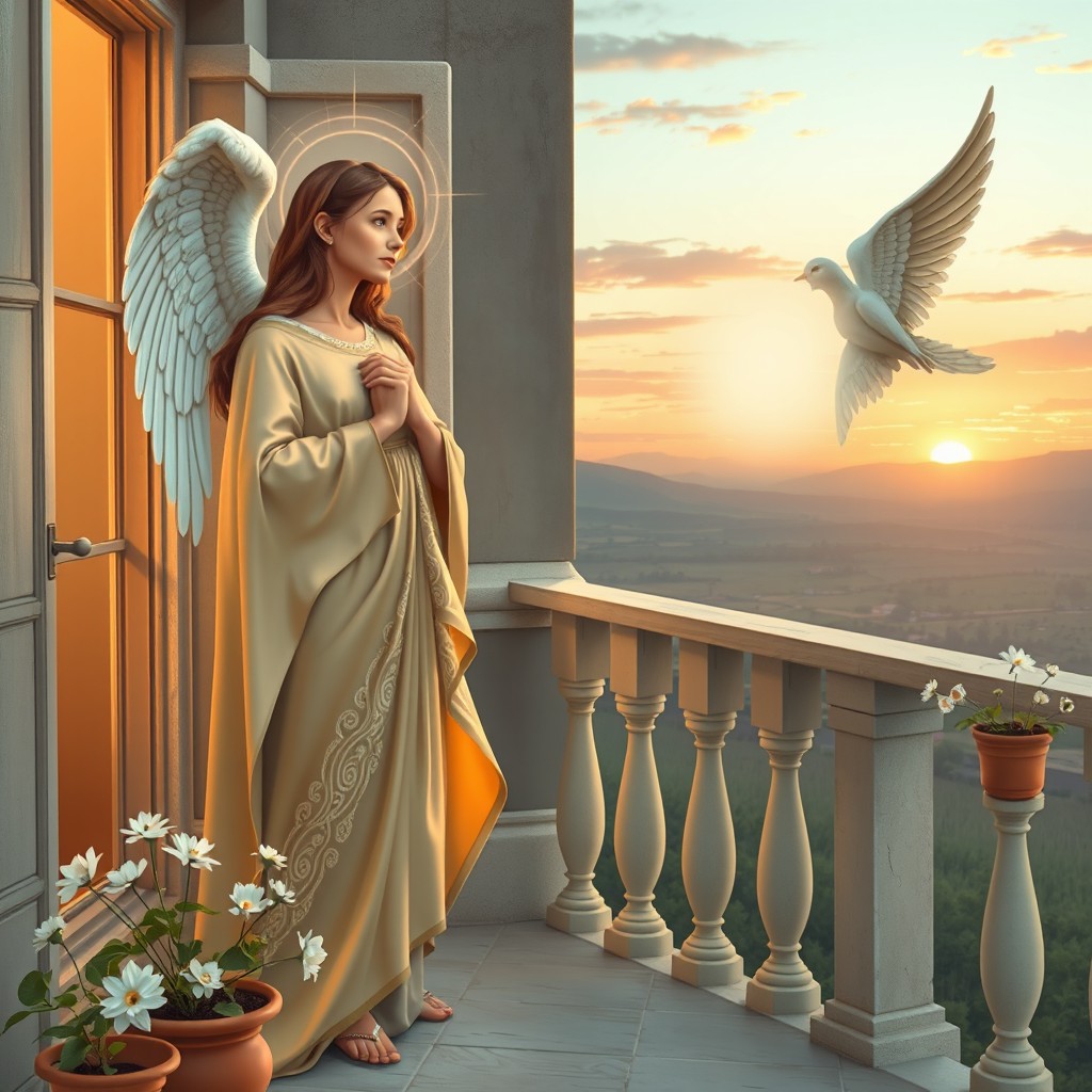 A beautiful scene of the angel Gabriel delivering the news to Mary, the mother of Jesus, about her miraculous pregnancy while she stands on her balcony