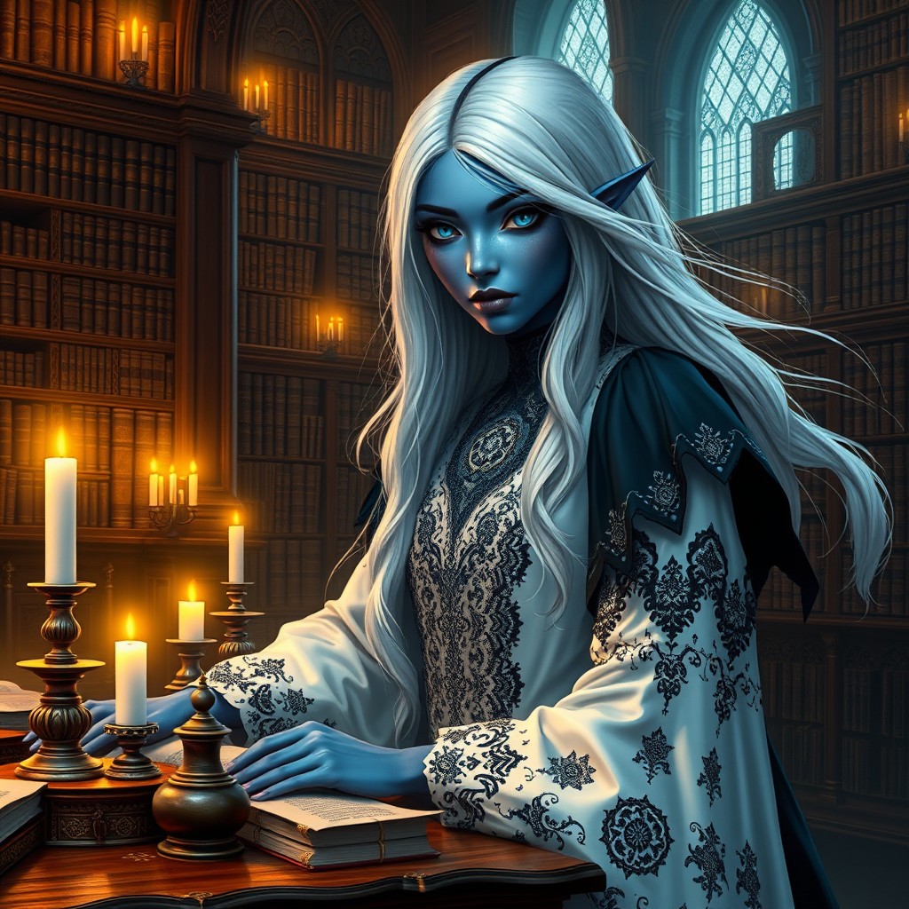 A noble Drow female scholar with mesmerizing blue eyes and long, flowing white hair adorned with a distinct thick black stripe