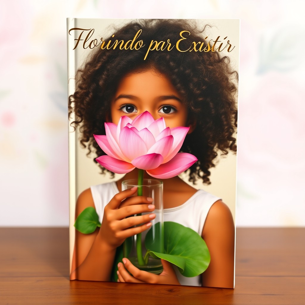 A book cover featuring a young girl of mixed race with curly hair, holding a vase containing a stunning floral arrangement of a 'Flor de Lótus' (lotus flower)