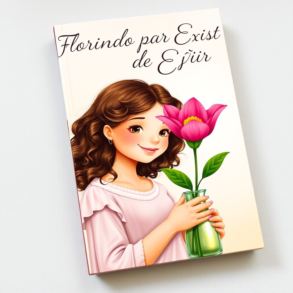 A beautiful book cover featuring a girl with curly brown hair, holding a vase with a stunning 'Flor de Lótus'