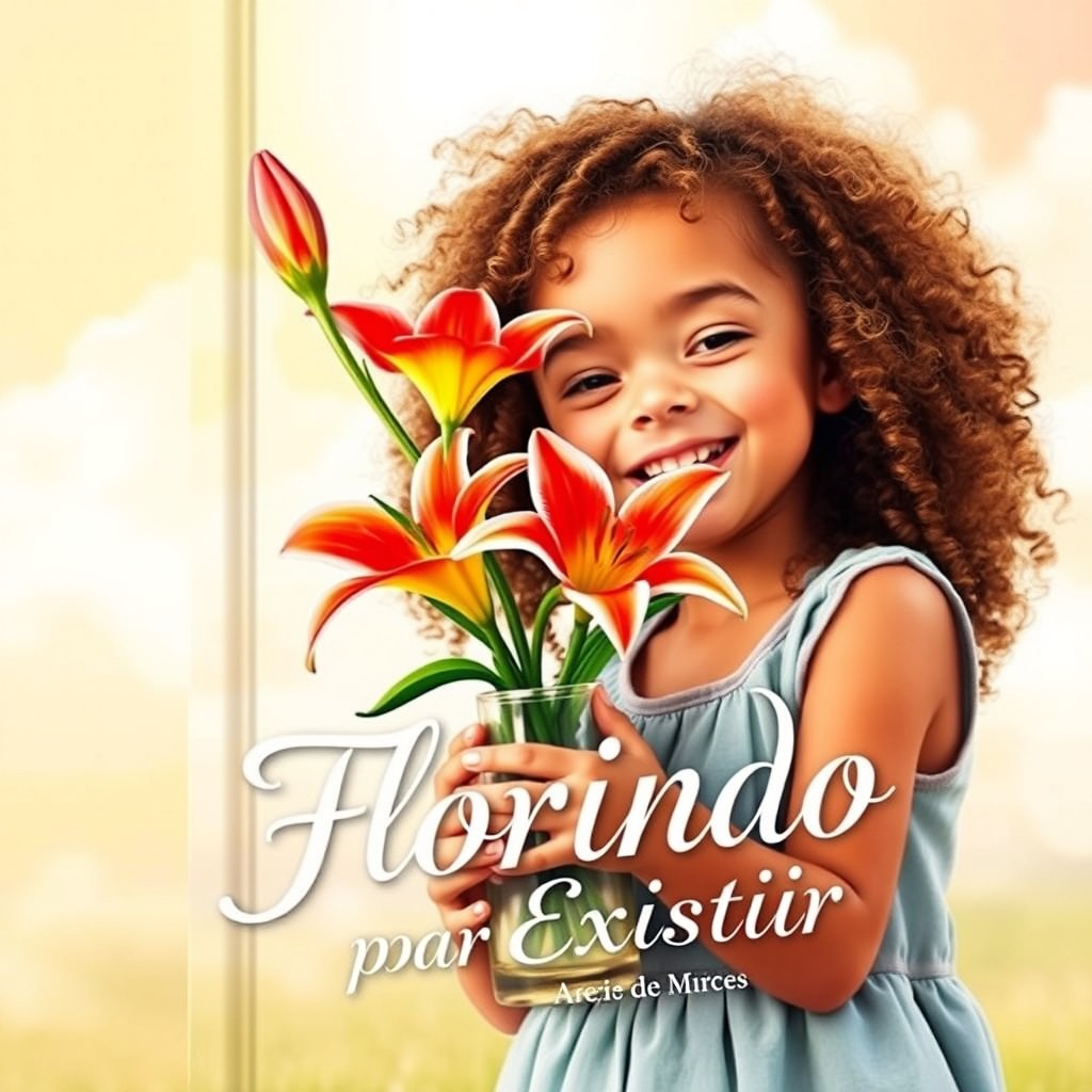 A book cover featuring a young girl with curly brown hair, joyfully holding a beautiful vase containing a vibrant Flod Mucha lily (a type of lily) in her hands