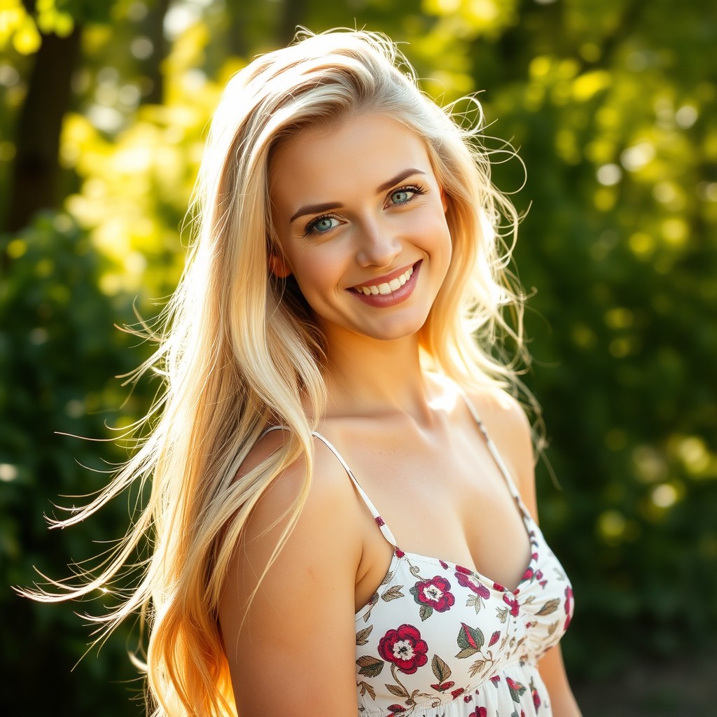 A beautiful 27-year-old blonde female with long, flowing hair that catches the light