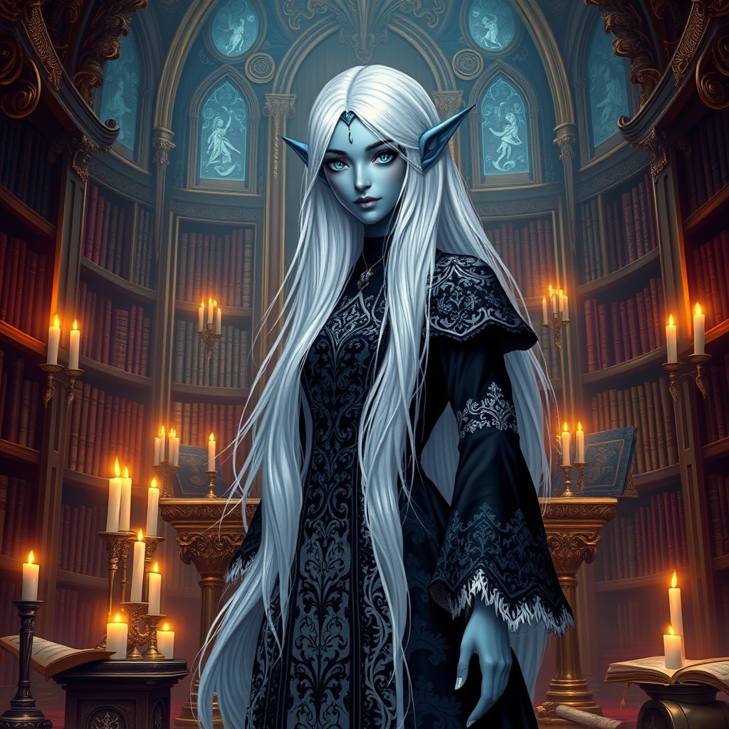 A noble Drow female, embodying both scholar and priestess roles, with striking blue eyes and long, flowing white hair highlighted by a thick black strand