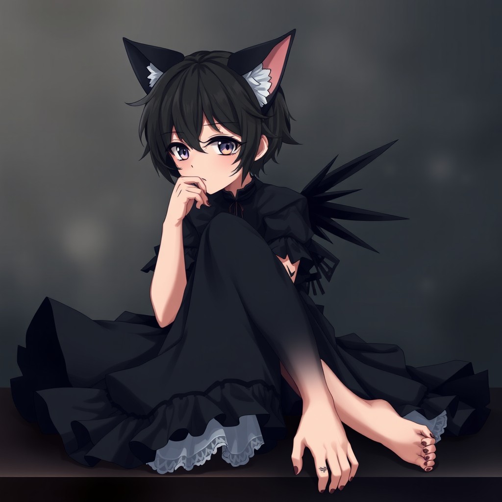 An emo cat boy character with striking features, wearing a flowing black dress as he sits gracefully