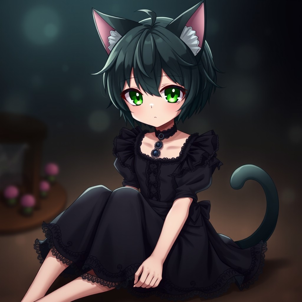 An emo cat boy character with expressive features, sitting gracefully while wearing a stylish dress