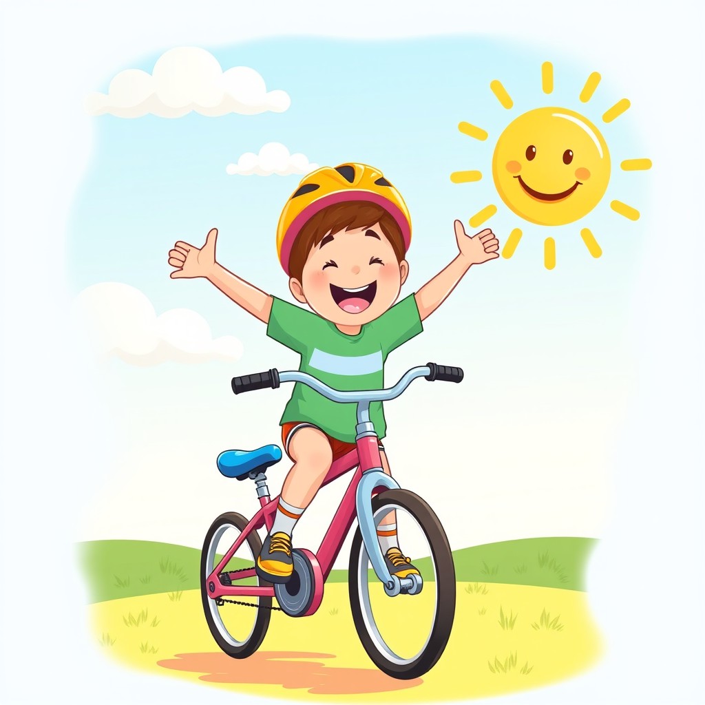 An illustration of a happy child pedaling a bicycle without training wheels, arms joyfully wide open, wearing a bright-colored helmet and a big smile