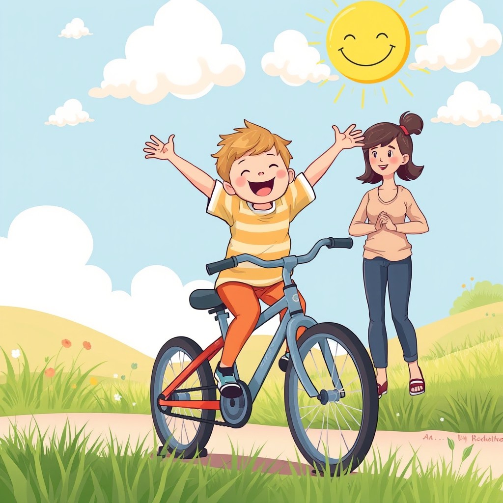 An illustration of a happy child joyfully pedaling a bicycle without training wheels, arms wide open in a gesture of freedom and triumph, smiling brightly