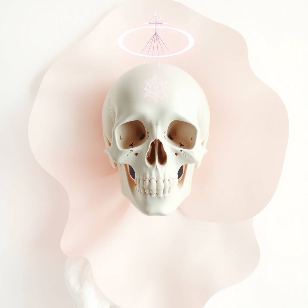 A vertical wallpaper design featuring an artistic representation of a skull integrated with elements that symbolize divinity, such as a subtle halo or ethereal light surrounding it