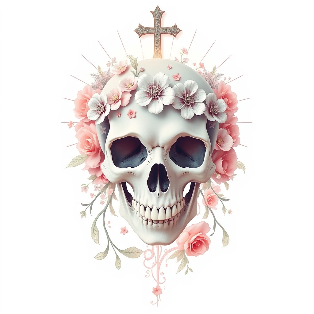 A vertical wallpaper design featuring a skull intricately adorned with floral elements, symbolizing life and death, juxtaposed with celestial elements such as a cross or light emanating from behind it, representing divine presence