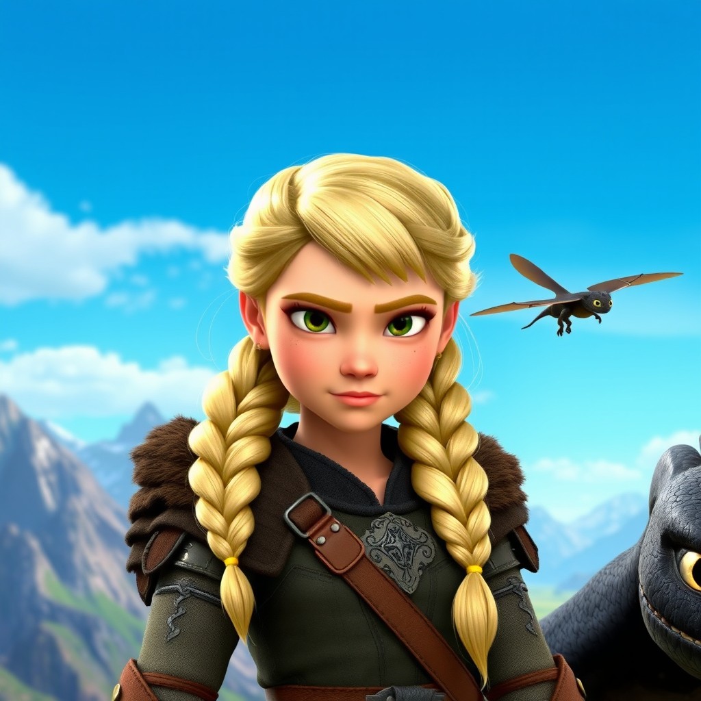 Astrid from How to Train Your Dragon: Race to the Edge, showcasing her signature blonde hair arranged in a braid, wearing her Viking armor with intricate details that reflect her fierce personality