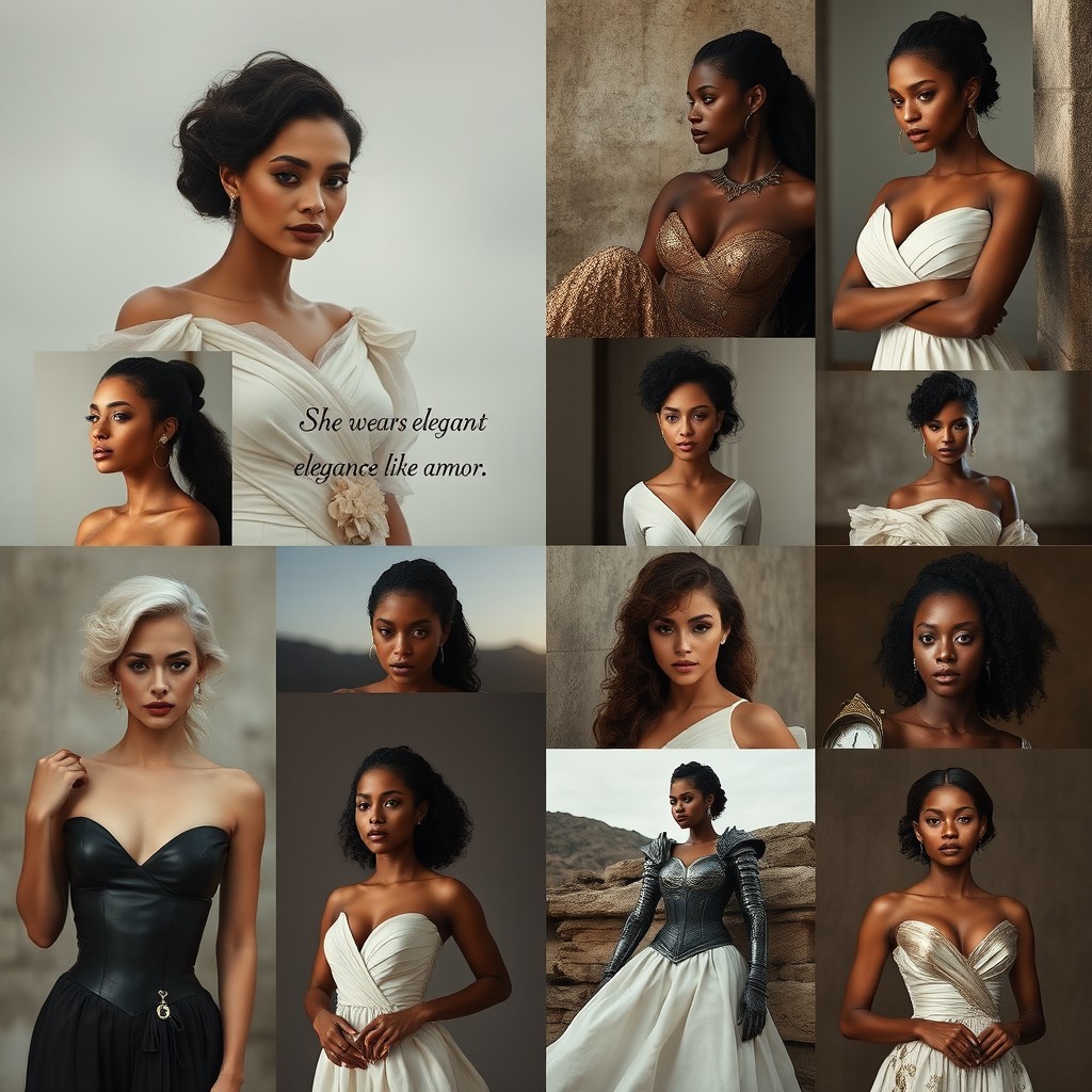 A moodboard capturing the essence of strong women who have endured much yet remain elegantly feminine