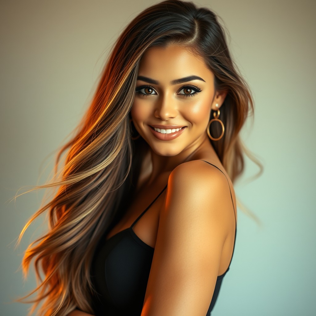 A stunningly beautiful young woman with long flowing hair, wearing stylish and alluring clothing