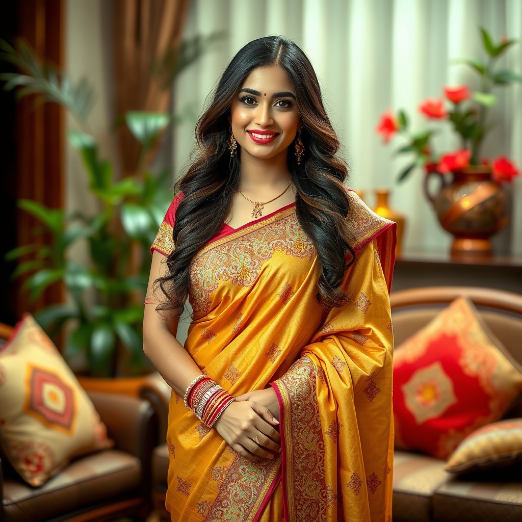 A beautiful South Asian woman in traditional attire, showcasing an elegant saree with intricate embroidery and vibrant colors
