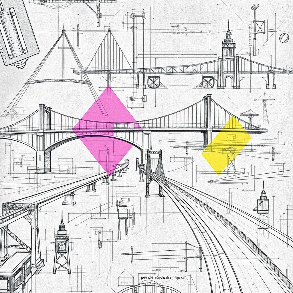 A stunning wallpaper design featuring intricate civil engineering drawings, including blueprints, structural details, and architectural elements
