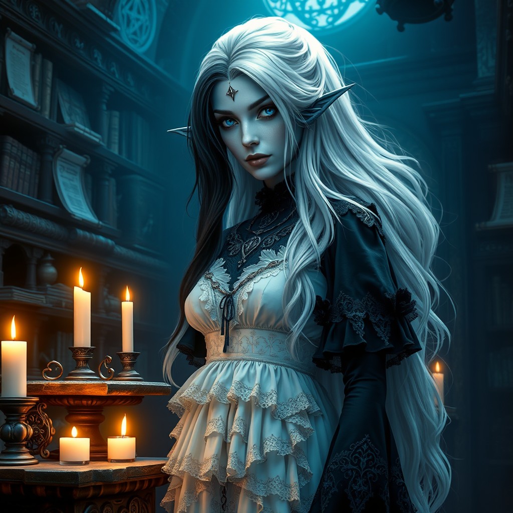 A noble Drow female, embodying both scholar and priestess roles, featuring captivating blue eyes and long, flowing white hair with one prominent thick black strand