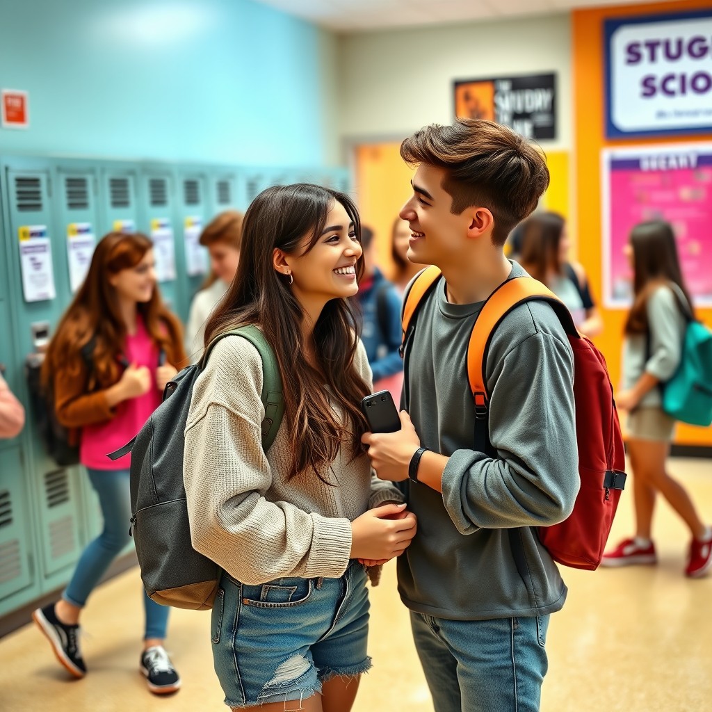 A romantic scene depicting two students at a new high school, surrounded by their friends