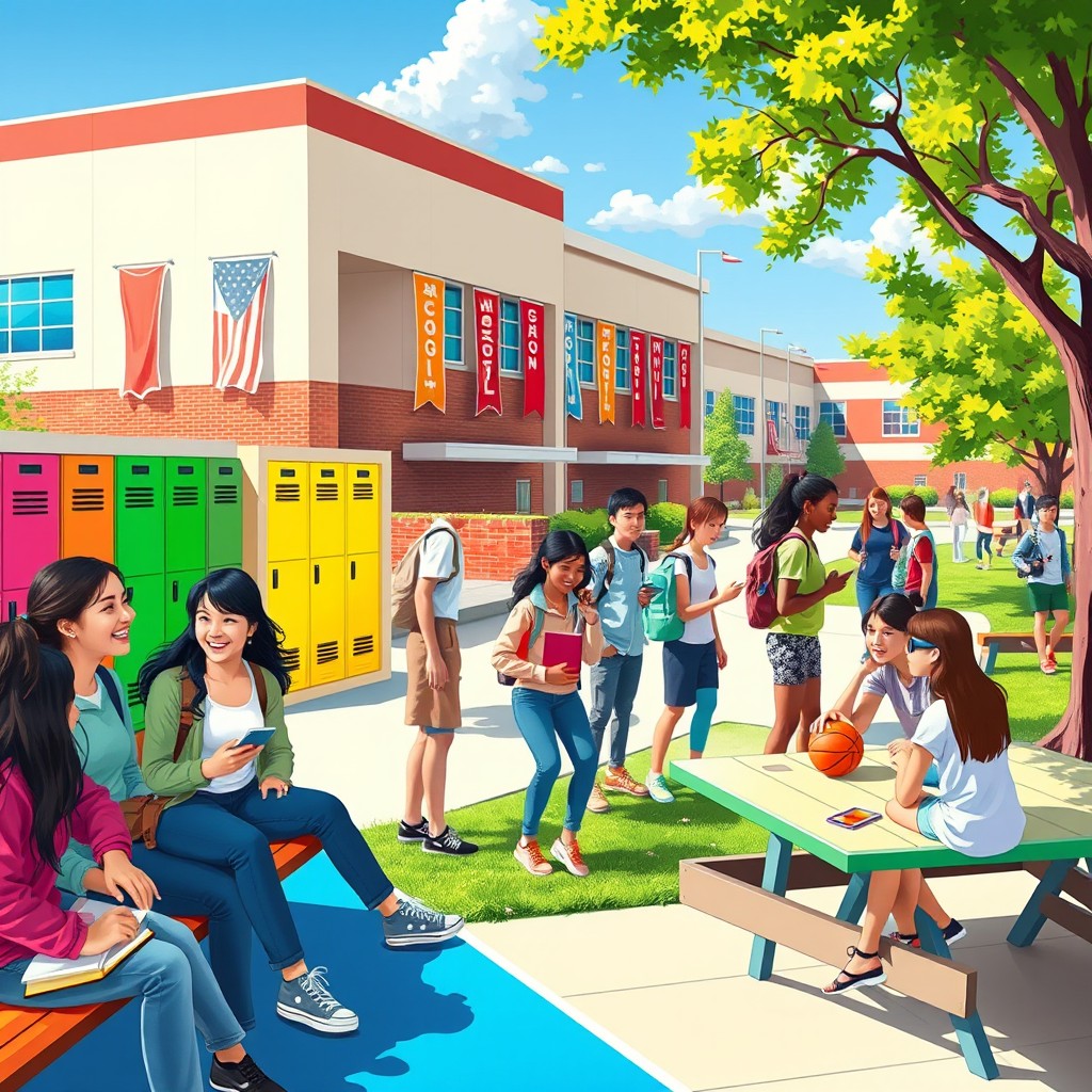 A vibrant scene capturing the essence of high school life, showcasing a diverse group of students interacting on campus