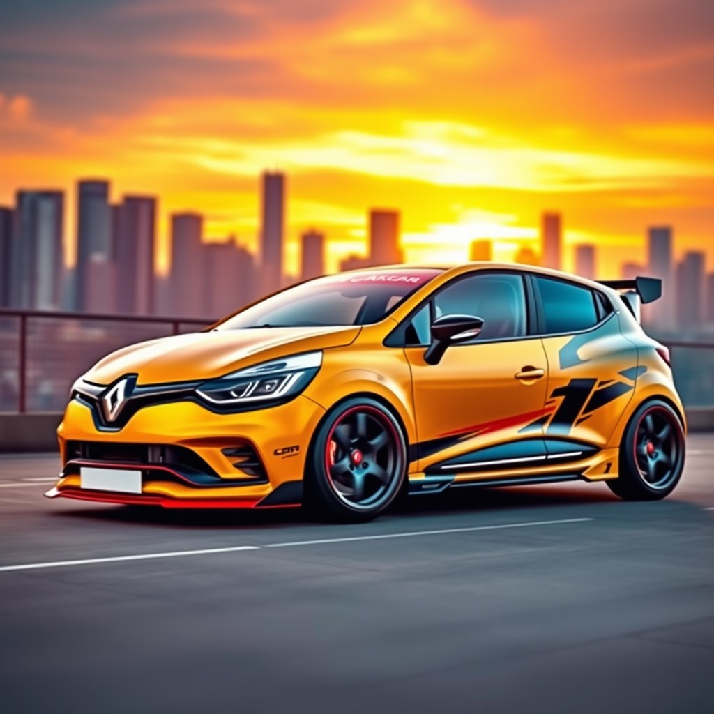A vivid and dynamic scene featuring a modified Renault Clio 1