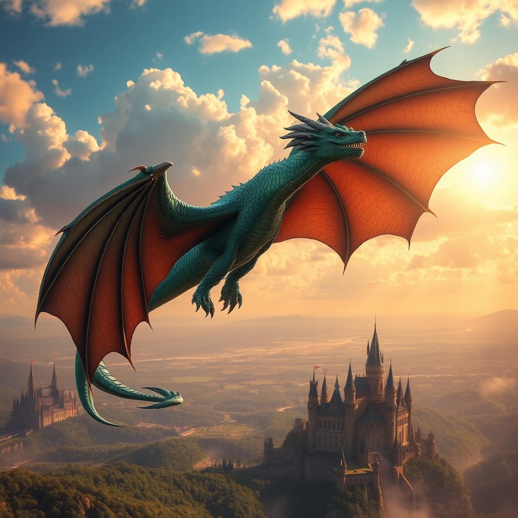 A majestic dragon soaring through a vibrant sky, its scales shimmering in shades of emerald and sapphire