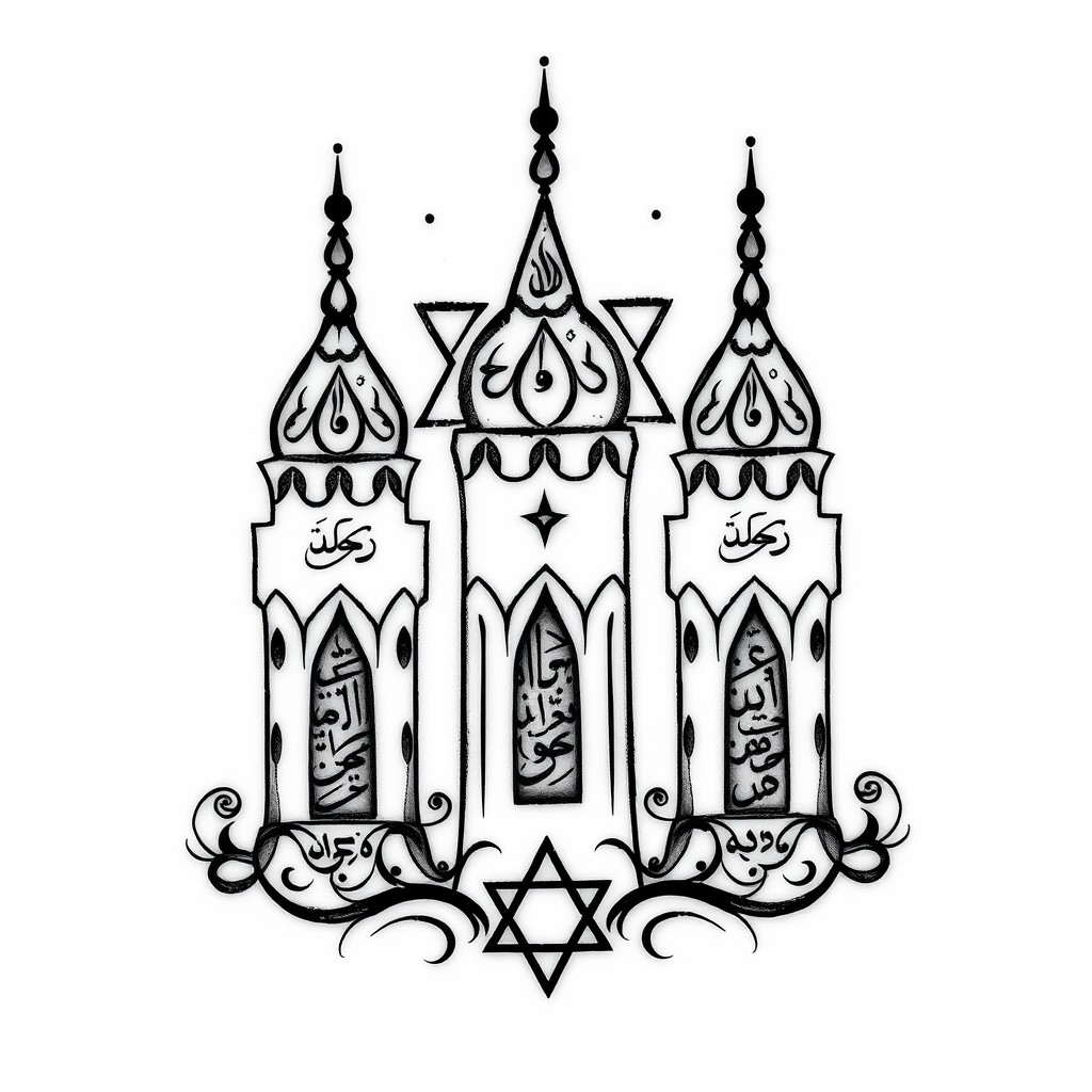 A tattoo design inspired by the philosophical faculty of the West Bohemian University in Pilsen, featuring Middle Eastern studies elements