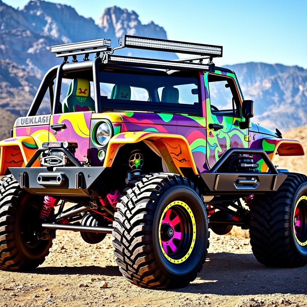 A wildly customized 2009 Jeep Wrangler Sahara, showcased in a stunning outdoor setting with rugged mountains in the background