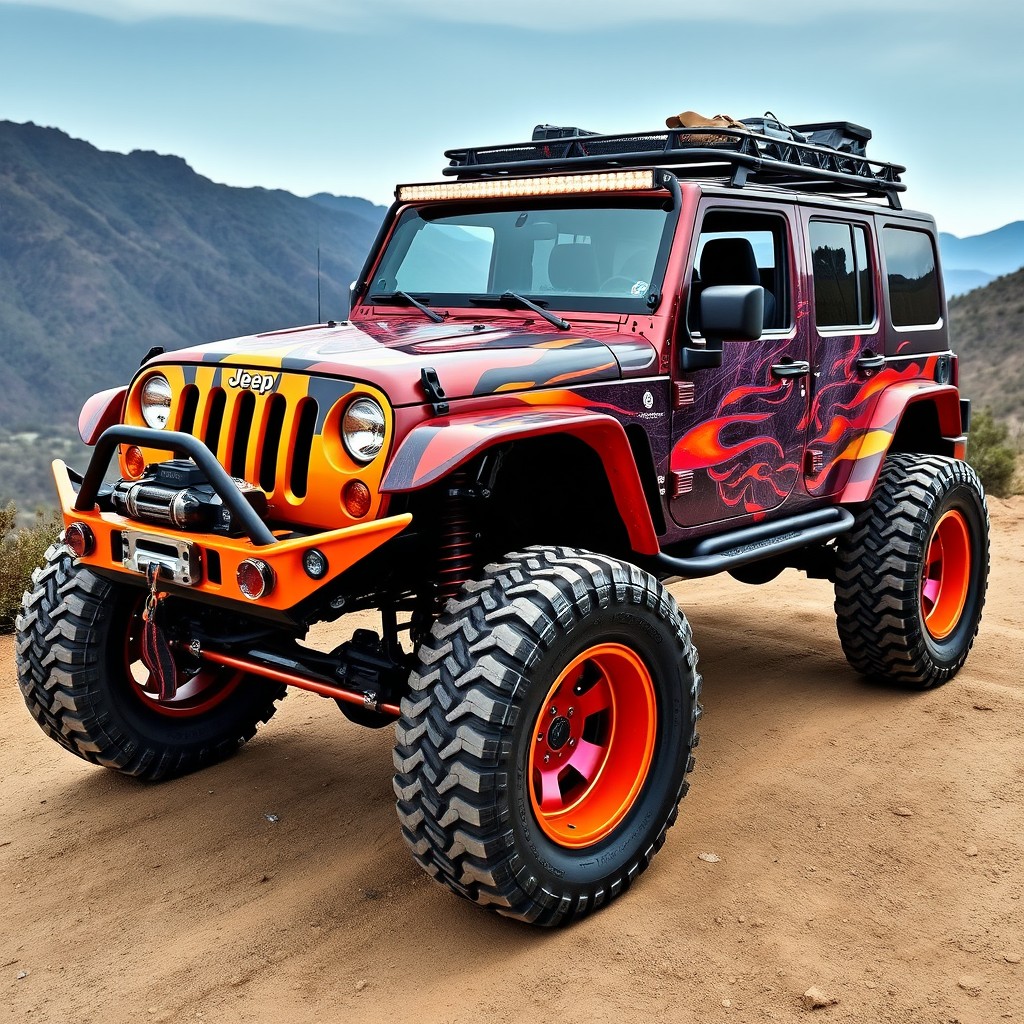 A wildly customized 2009 Jeep Wrangler Sahara, showcasing a unique and eye-catching design
