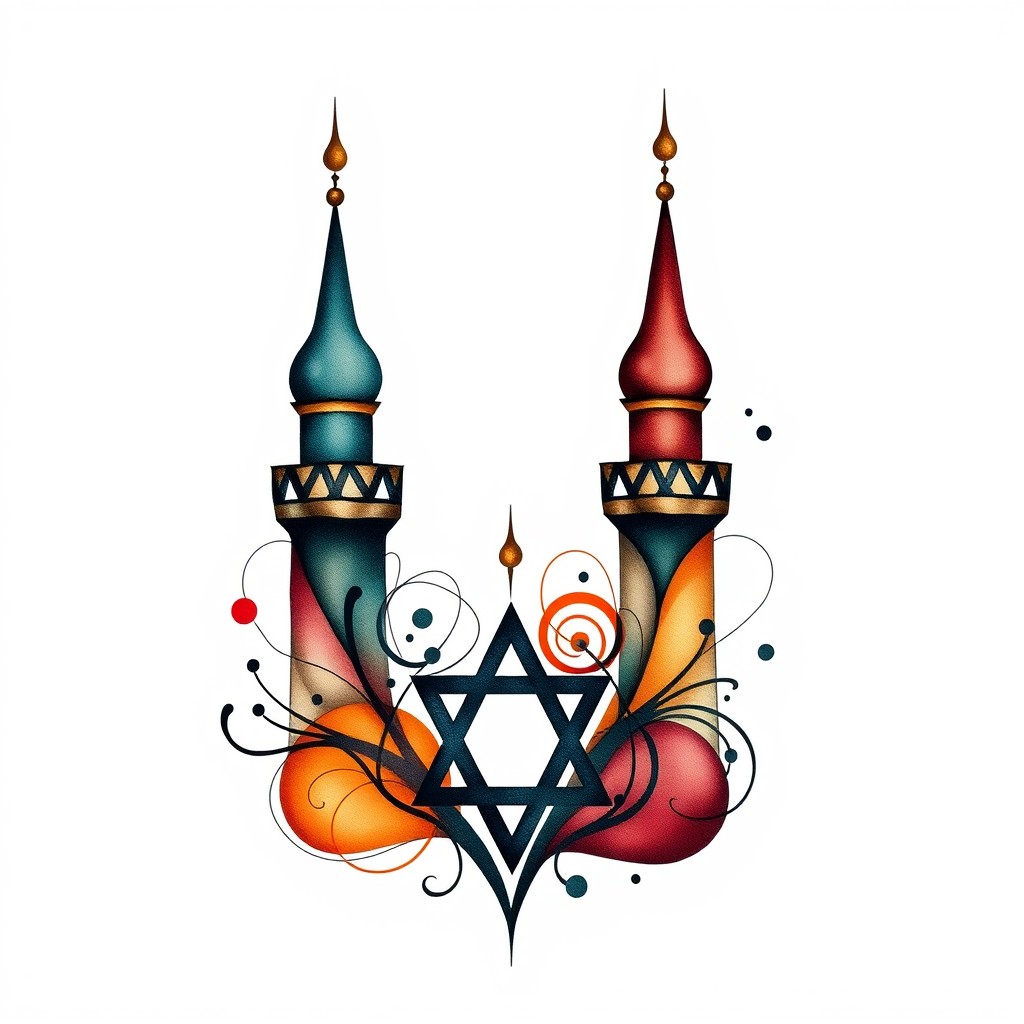 An abstract tattoo design inspired by the philosophy faculty of the University of West Bohemia in Pilsen, specifically focusing on Middle Eastern studies