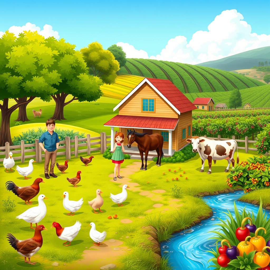A vibrant and idyllic farm scene featuring a charming house with a welcoming porch