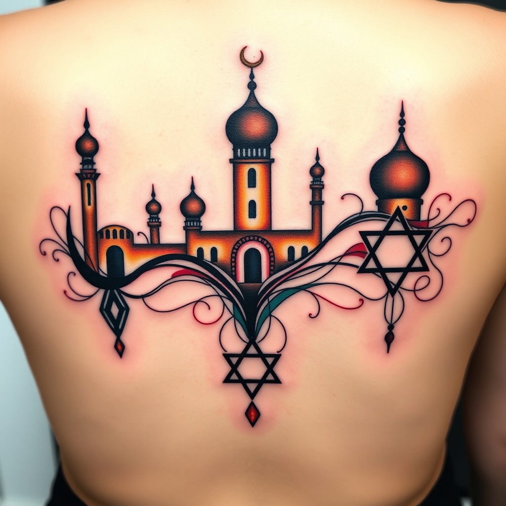 An abstract tattoo design inspired by the philosophy faculty of the University of West Bohemia in Pilsen, focusing on Middle Eastern studies