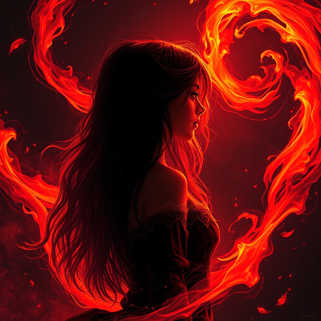 In a captivating book cover style, illustrate a silhouette of a young woman with long hair, surrounded by swirling dark magic in vibrant shades of orange and red