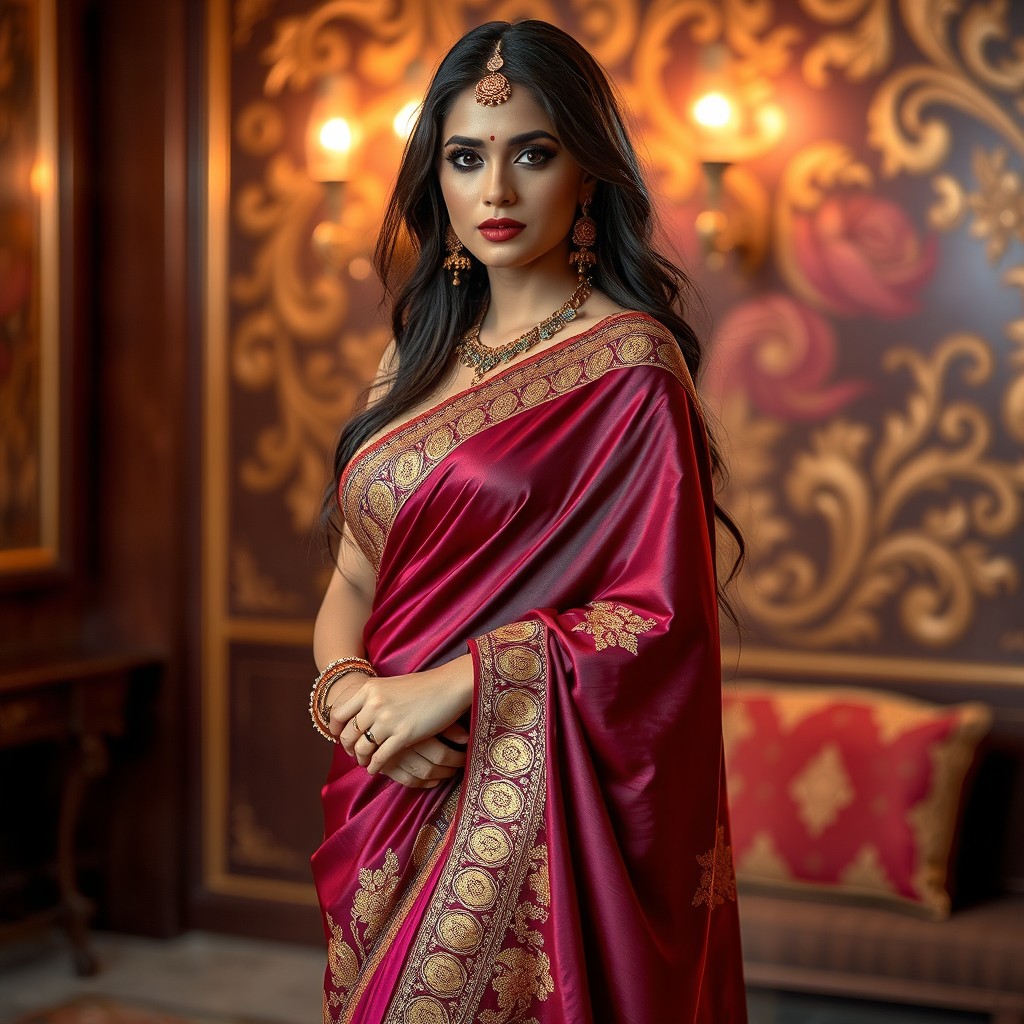 A stunning woman draped in a sultry Indian saree, featuring rich, vibrant colors and intricate gold embroidery