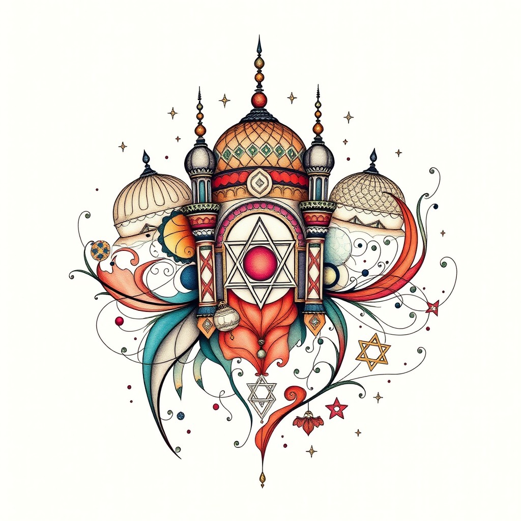 An enchanting abstract tattoo design inspired by the philosophy faculty of the University of West Bohemia in Pilsen, with a focus on Middle Eastern studies