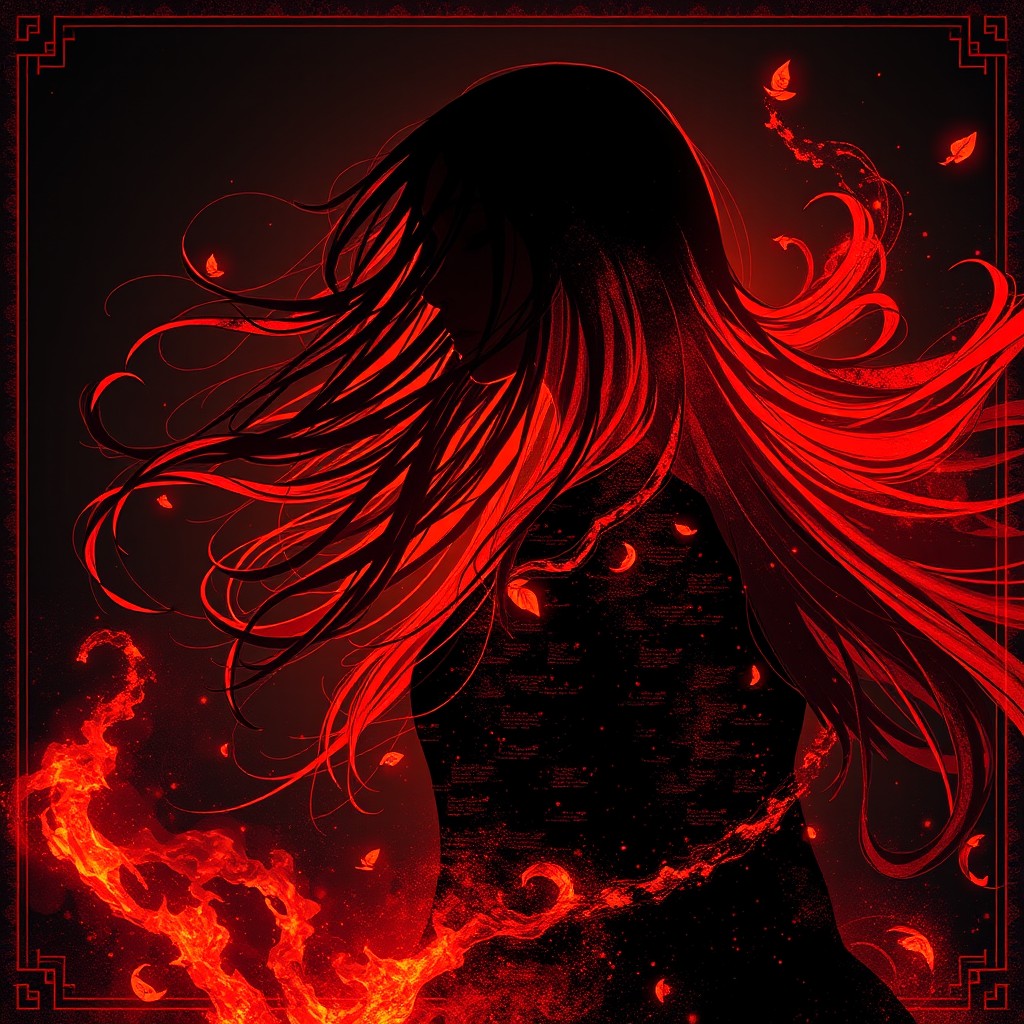 In a mesmerizing book cover style, illustrate a silhouette of a young woman with long flowing hair, surrounded by magical elements in dark hues mixed with vibrant orange and red