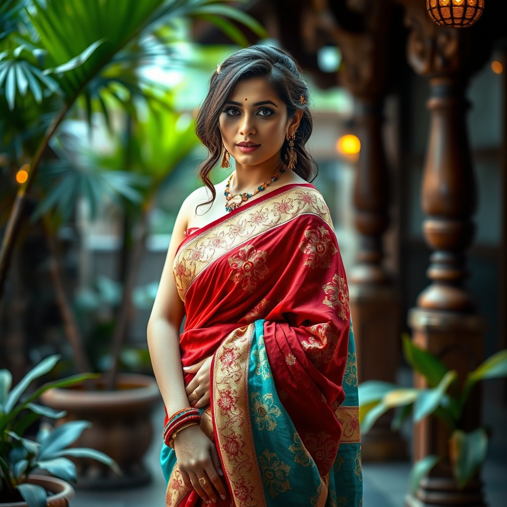 A sultry Indian woman draped in a beautifully ornate saree, featuring rich, vibrant colors like deep red, gold, and turquoise