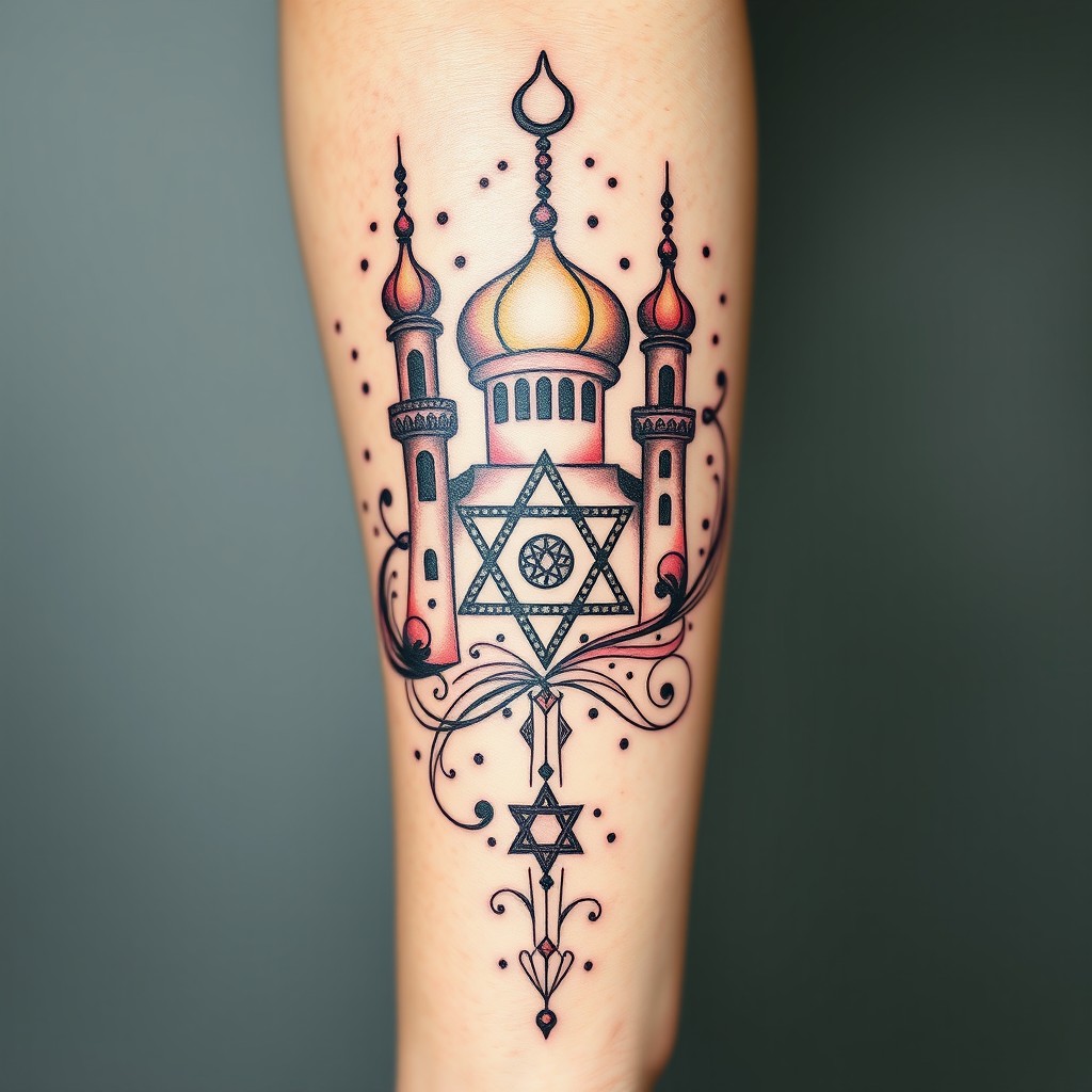 A captivating abstract tattoo design inspired by the philosophy faculty of the University of West Bohemia in Pilsen, centered around Middle Eastern studies