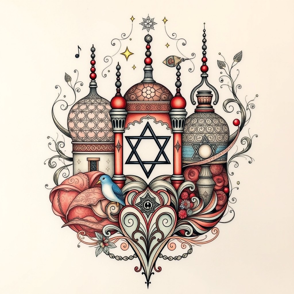 A stunning abstract tattoo design inspired by the philosophy faculty of the University of West Bohemia in Pilsen, emphasizing Middle Eastern studies