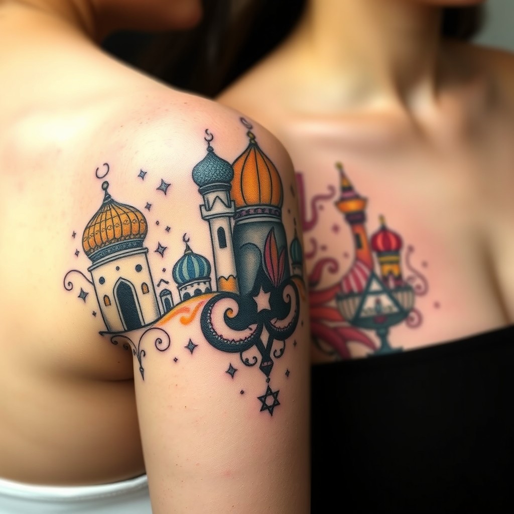 A delightful smaller abstract tattoo design inspired by the philosophy faculty of the University of West Bohemia in Pilsen, focusing on Middle Eastern studies