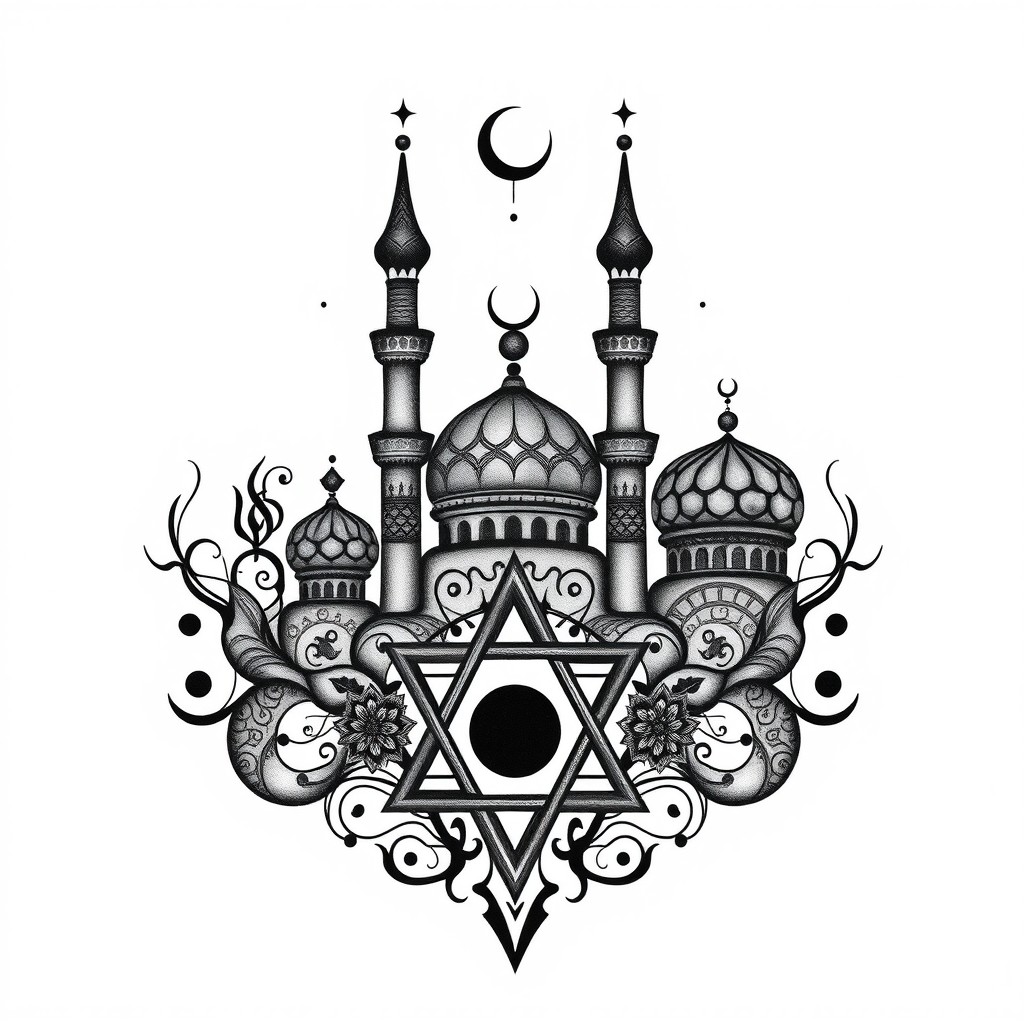 An abstract tattoo design inspired by the themes of the One Thousand and One Nights, incorporating elements from Middle Eastern studies and Judaism