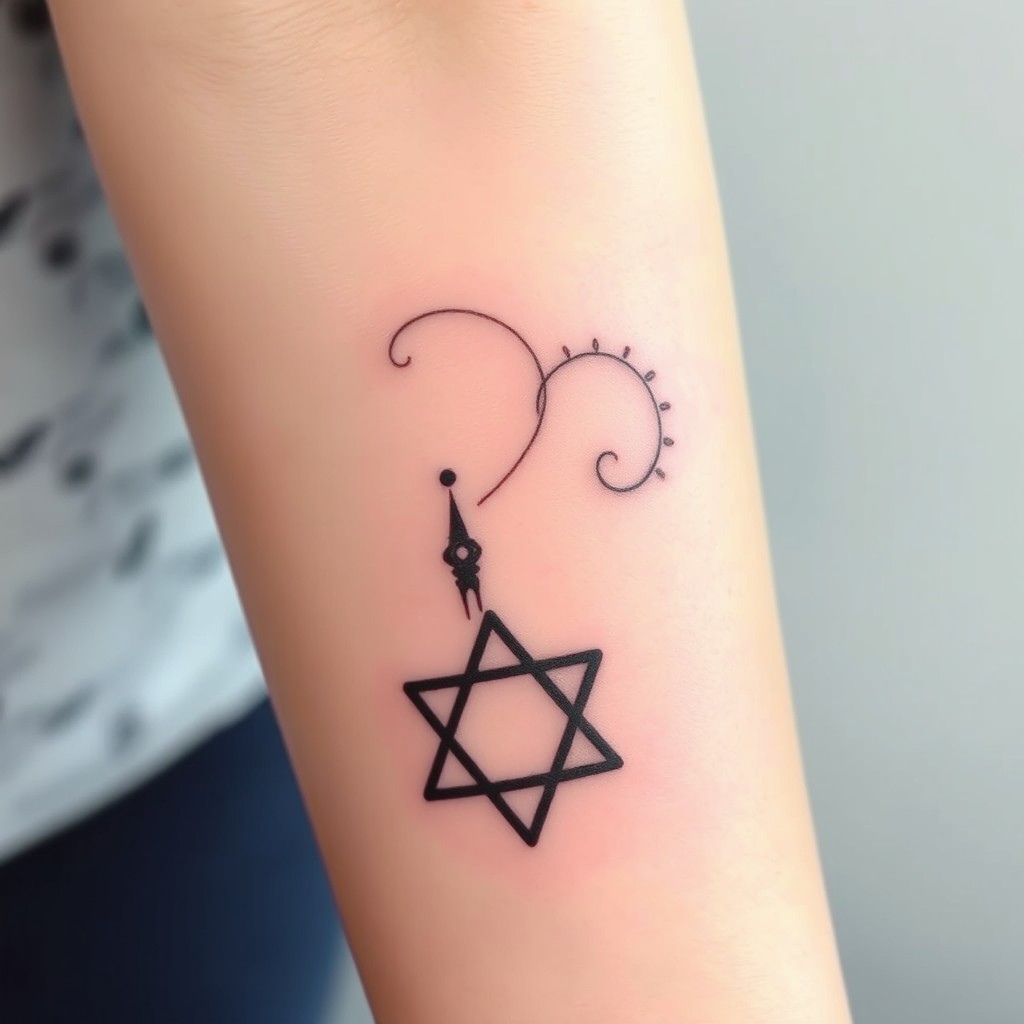 An abstract tattoo design inspired by the enchanting themes of One Thousand and One Nights, celebrating the bond between three friends from the Faculty of Philosophy at the University of West Bohemia in Pilsen, who focus on Middle Eastern studies