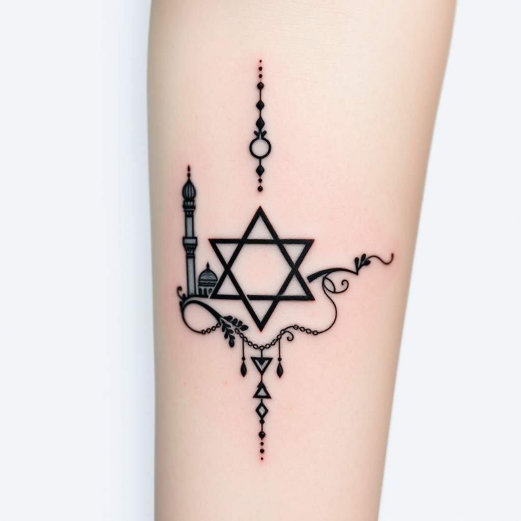 An abstract tattoo design inspired by the enchanting storytelling of One Thousand and One Nights, symbolizing the friendship of three friends from the Faculty of Philosophy at the University of West Bohemia in Pilsen, studying Middle Eastern studies