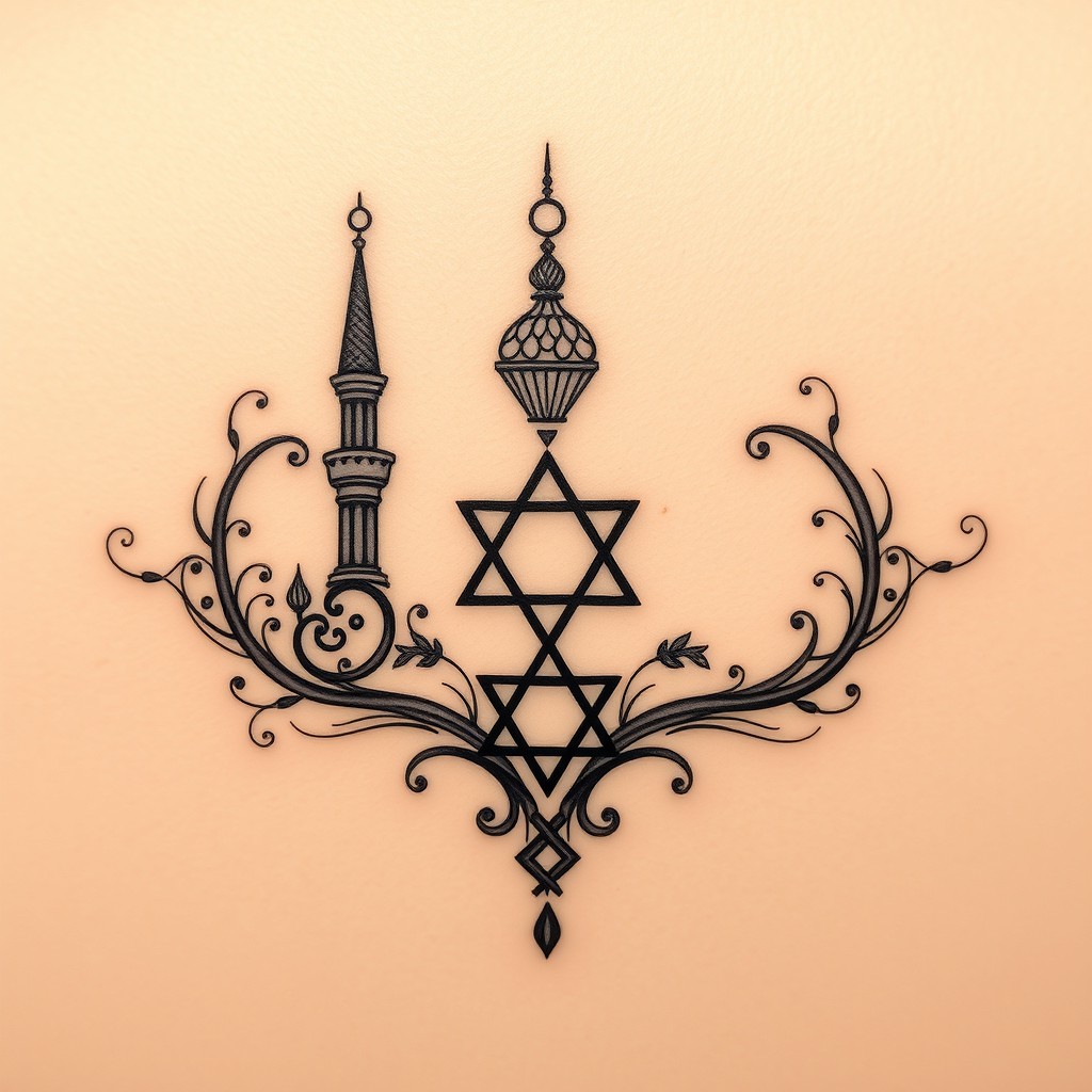 An abstract tattoo design celebrating the friendship of three friends from the Faculty of Philosophy at the University of West Bohemia in Pilsen, focusing on Middle Eastern studies