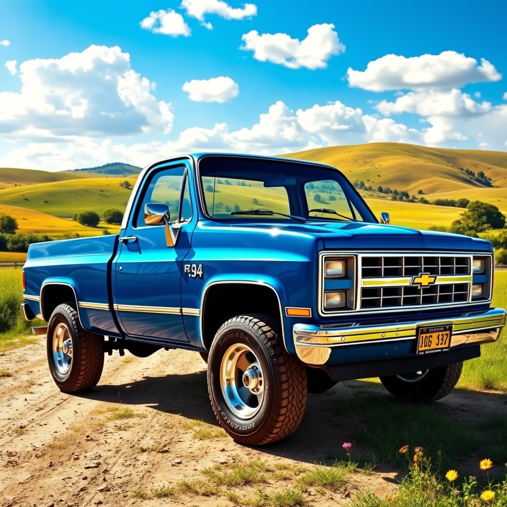 A classic Chevrolet D20 from the year 1994, standing majestically in a vibrant outdoor setting