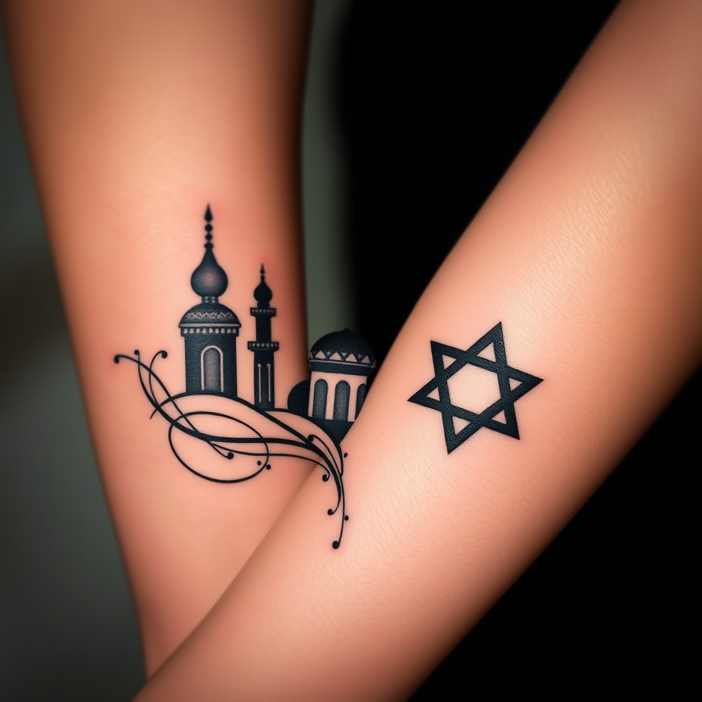 An abstract tattoo design inspired by the magical narratives of One Thousand and One Nights, representing the friendship of three friends from the Faculty of Philosophy at the University of West Bohemia in Pilsen, who are engaged in Middle Eastern studies