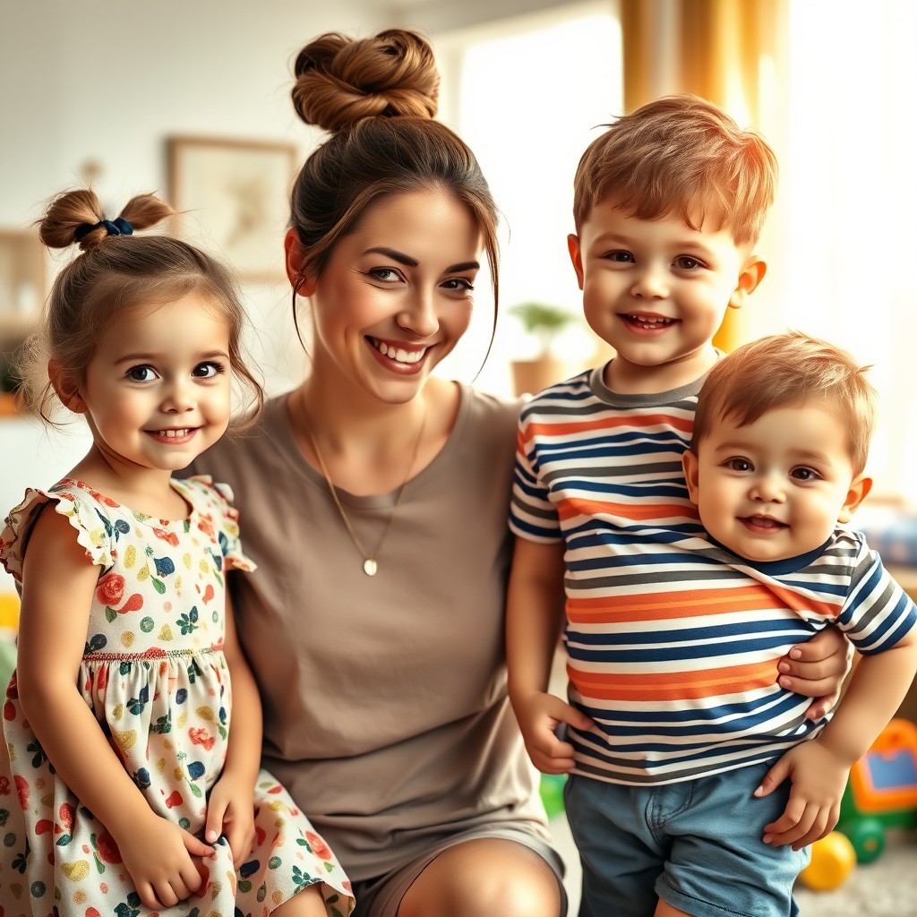 A warm family scene featuring a mother with her hair styled up in a neat bun, exuding a loving and caring demeanor