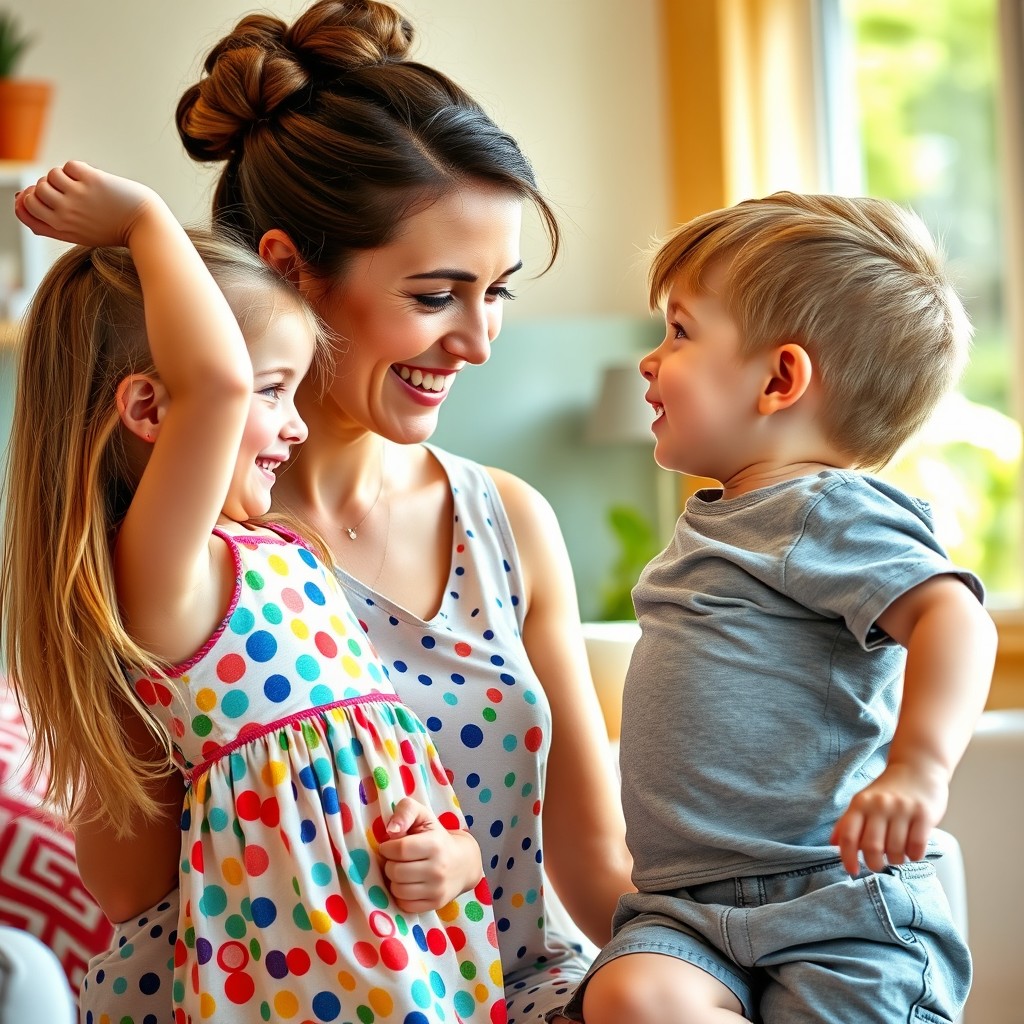 A warm and loving family scene featuring a mother with her hair styled up in a bun