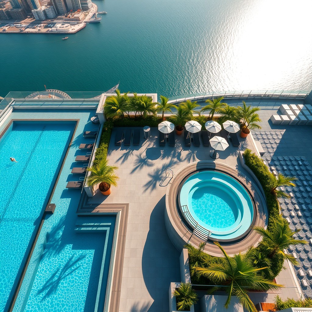 A stunning aerial view of a luxurious rooftop pool area featuring a large sky pool, a modern jacuzzi, and a vibrant wading pool